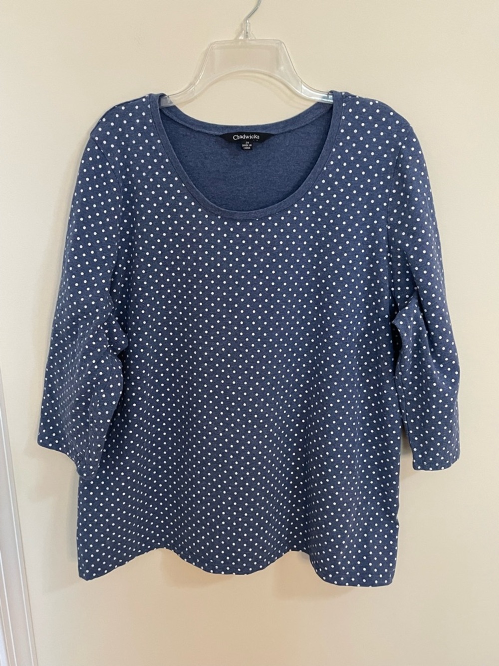 Chadwicks Navy and White Polka Dot 3/4 Sleeve Round Neck Tee Women’s Size 2X